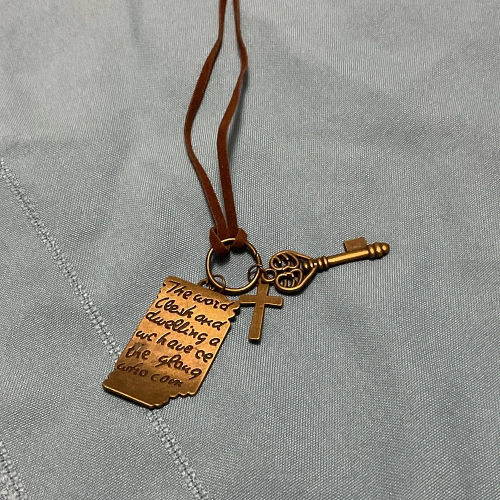 Gold Tone Necklace: Cross, Key, and Ancient Tag on Leather Cord